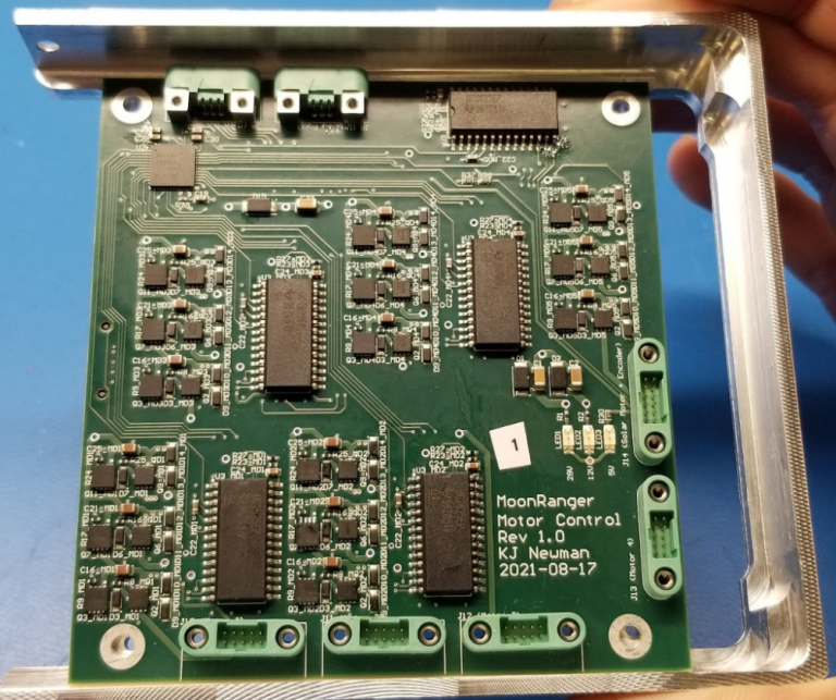 A motor controller board is mounted in one ‘slice’ of the ‘loaf’ structure.  All the printed circuit boards comply with this PC104-like form factor for standard assembly.